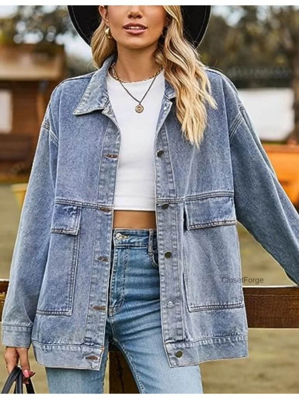 Vintage Distressed Oversized Denim Jacket Shacket Button Down Flap Pockets